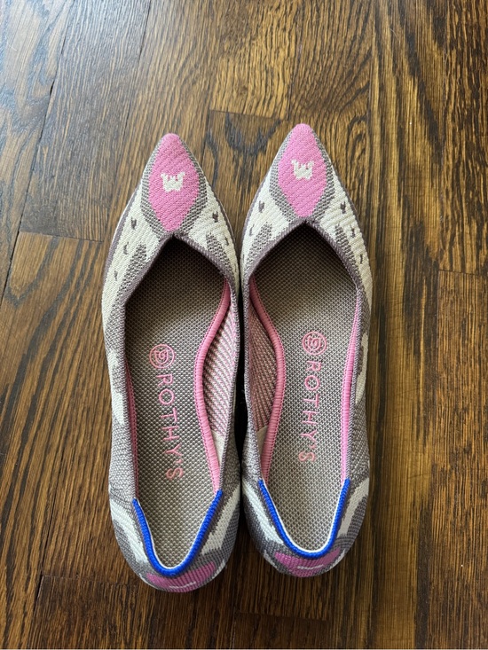 Rothy's Shoes - Rothy's Pink and Tan Pointed Knit Flats with Blue Trim